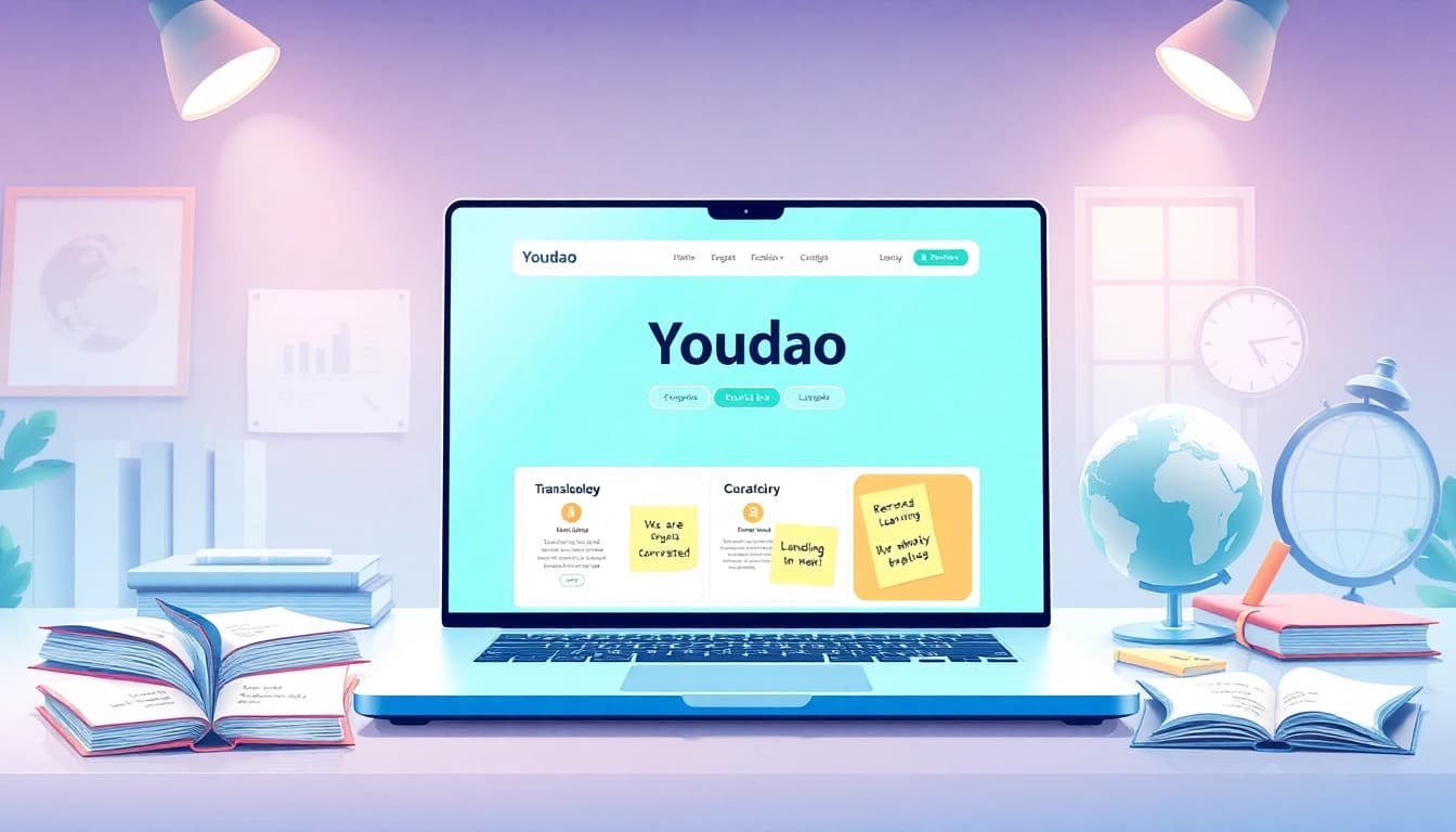 Youdao digital learning environment showcasing language translation tools and educational materials.