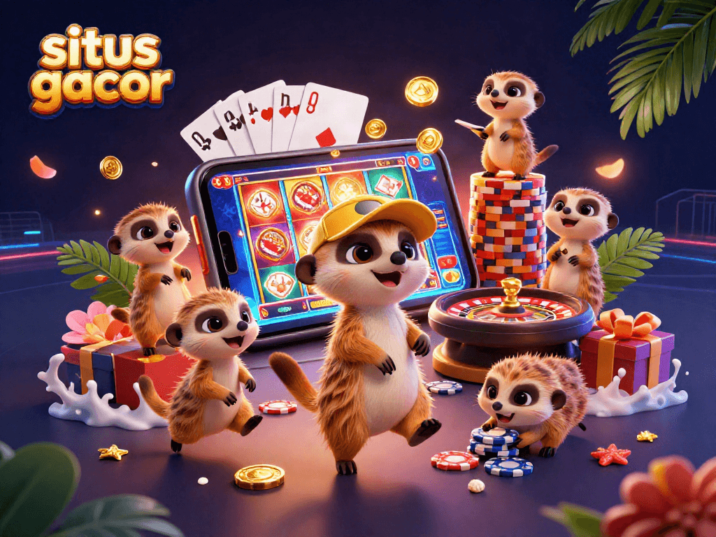 Engage in situs gacor with a vibrant casino scene of meerkats playing cards and slots.