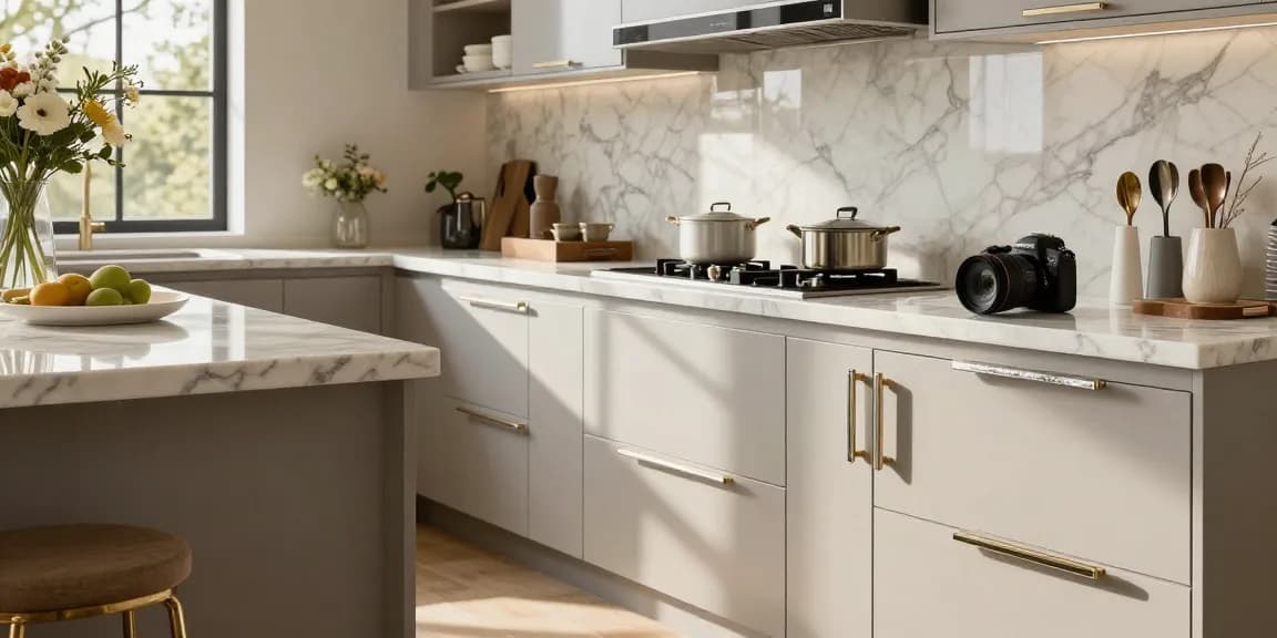 Stylish kitchen scene showcasing premium handles, including the Angel Marble Handle, for elegant home decor.