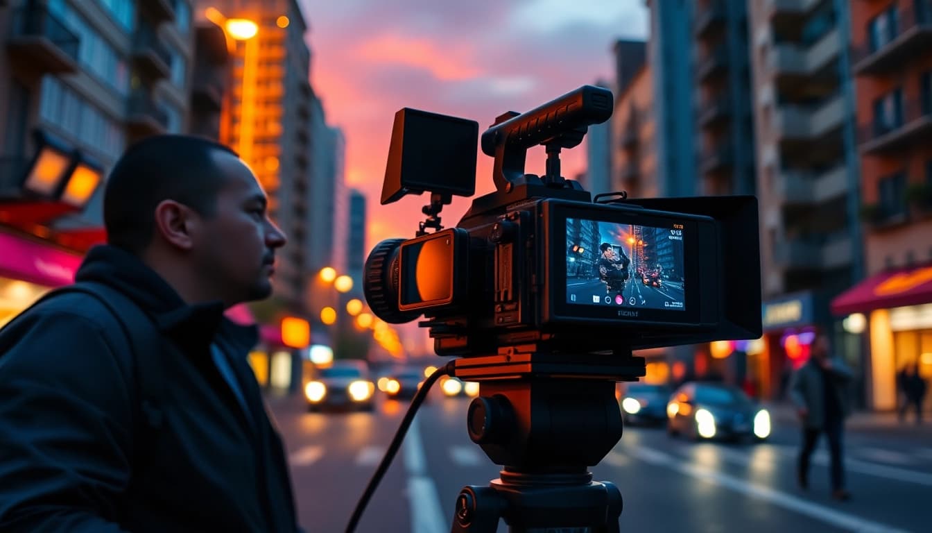 Film Maker capturing a vibrant urban scene with professional equipment at sunset.