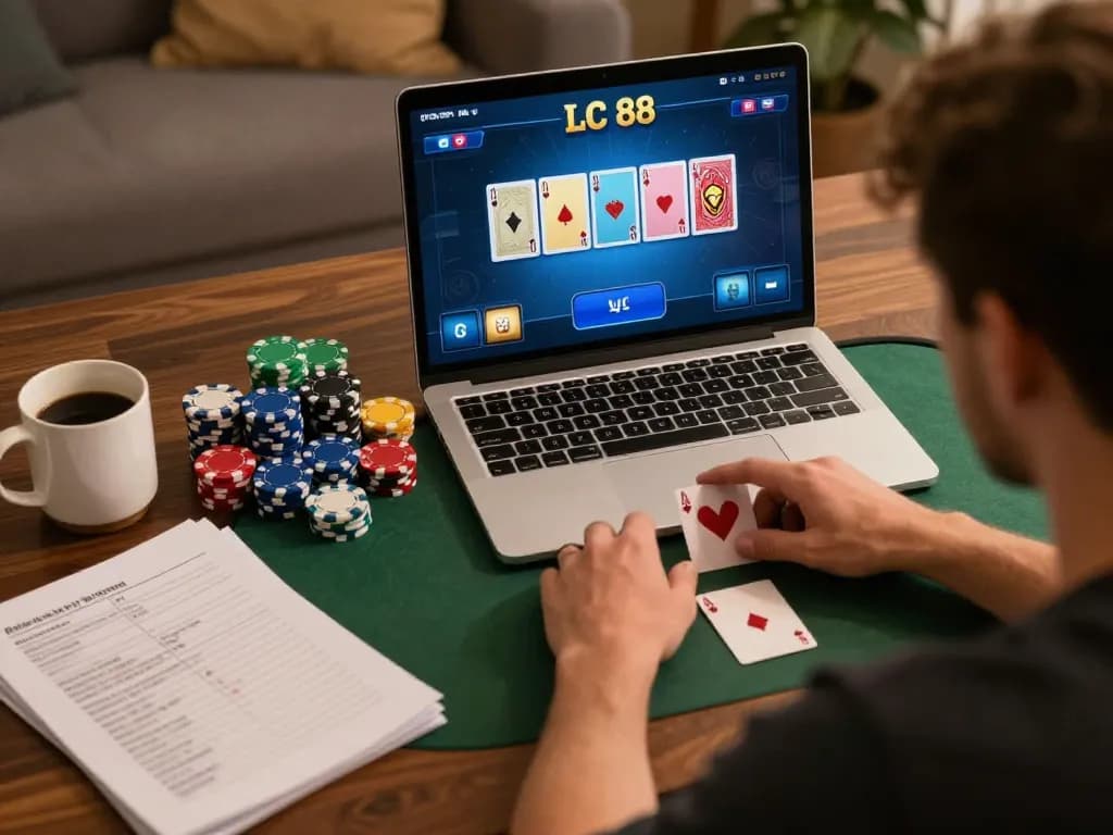 Engaged player analyzing LC 88 poker strategies while online gaming at home