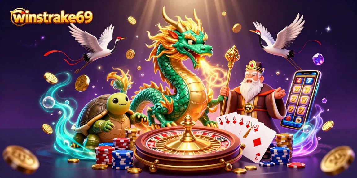 Winstrike69's epic gambling scene with a jade dragon, turtle sage, and vibrant casino elements.