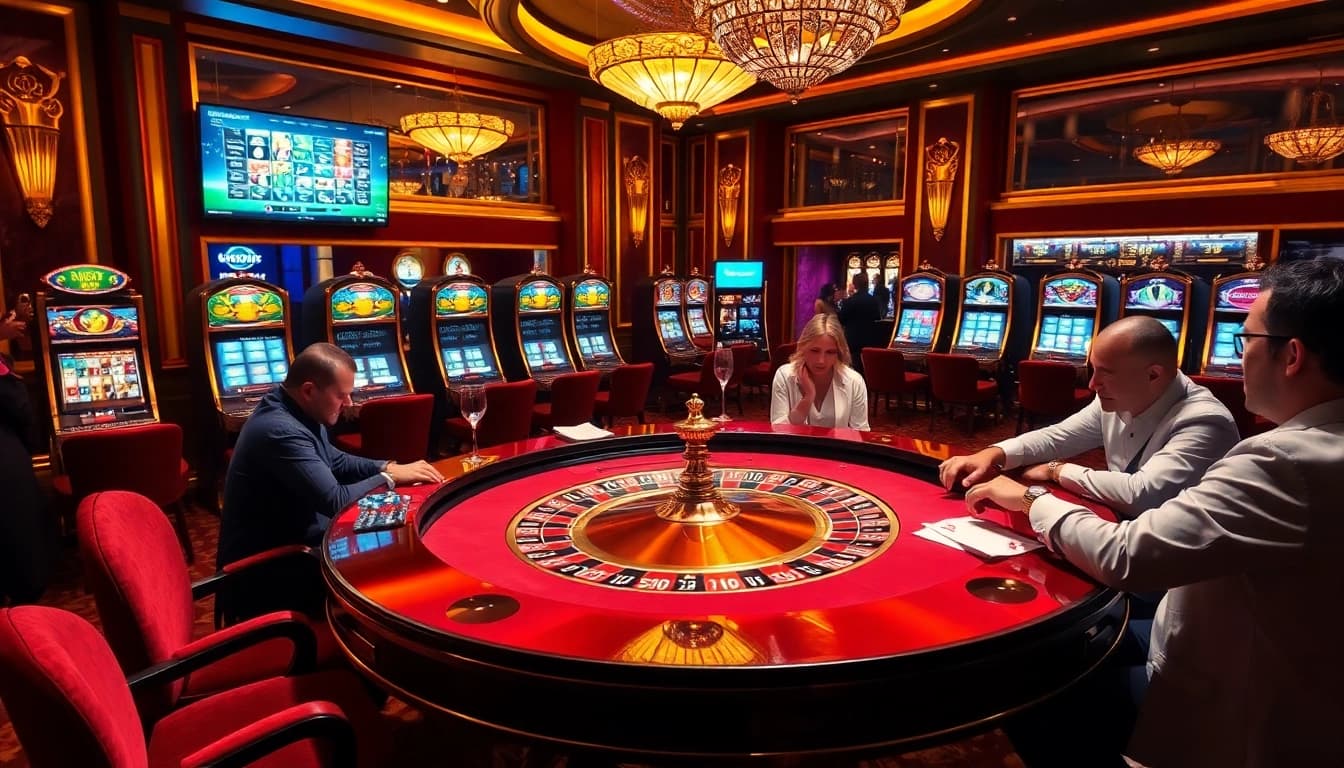 Scène engageante de casino en ligne argent réel France avec des joueurs à la roulette et aux machines à sous.