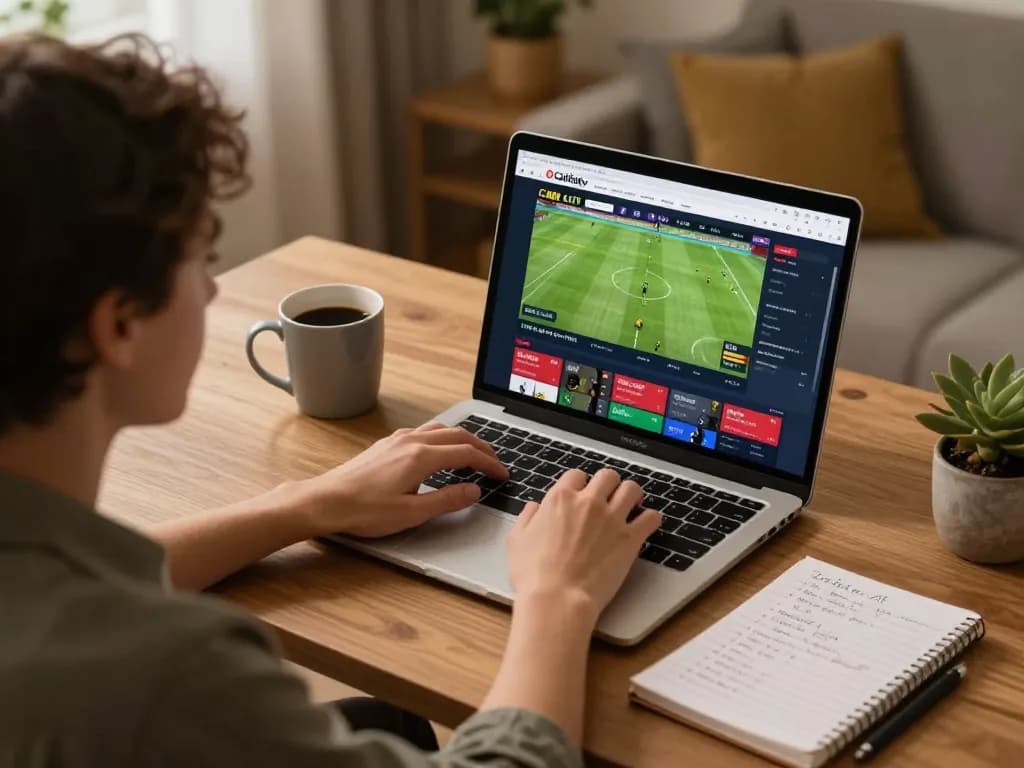 Cakhiatv live football streaming on laptop, cozy home setup for online gambling.