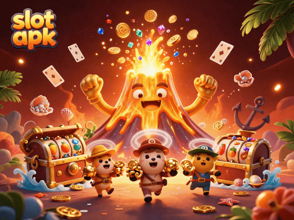 Experience thrilling gameplay with slot apk as golden treasures erupt from a cartoon volcano.