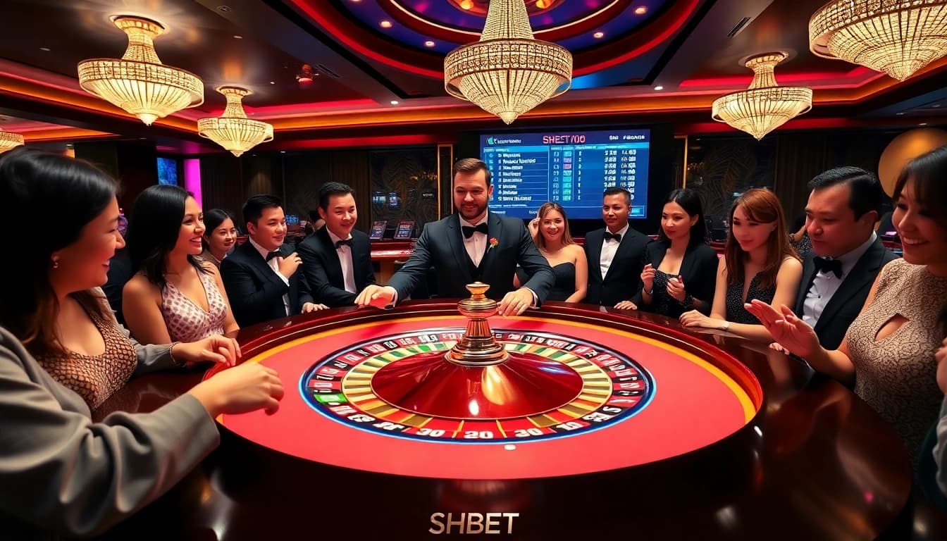 SHBET players enjoying an exciting game at the vibrant roulette table in a luxury casino.