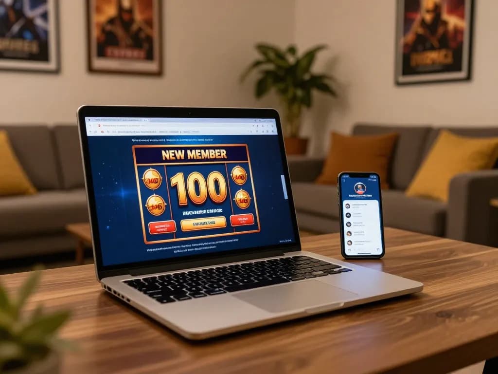 Engaging online casino setup showing registration for slot bonus new member 100 with laptop and mobile device