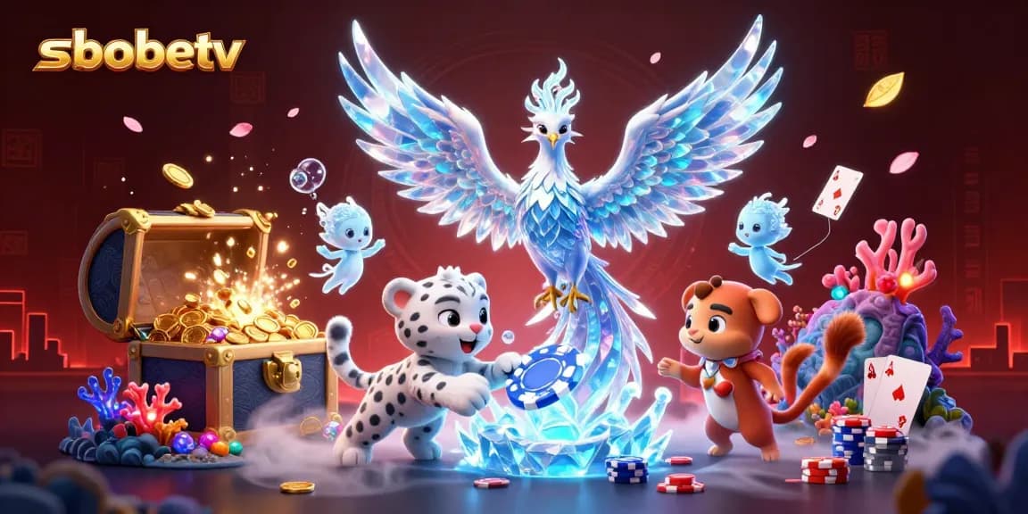 Engage with sbobetv's vibrant casino scene featuring an ice phoenix and poker elements amidst a dynamic atmosphere.