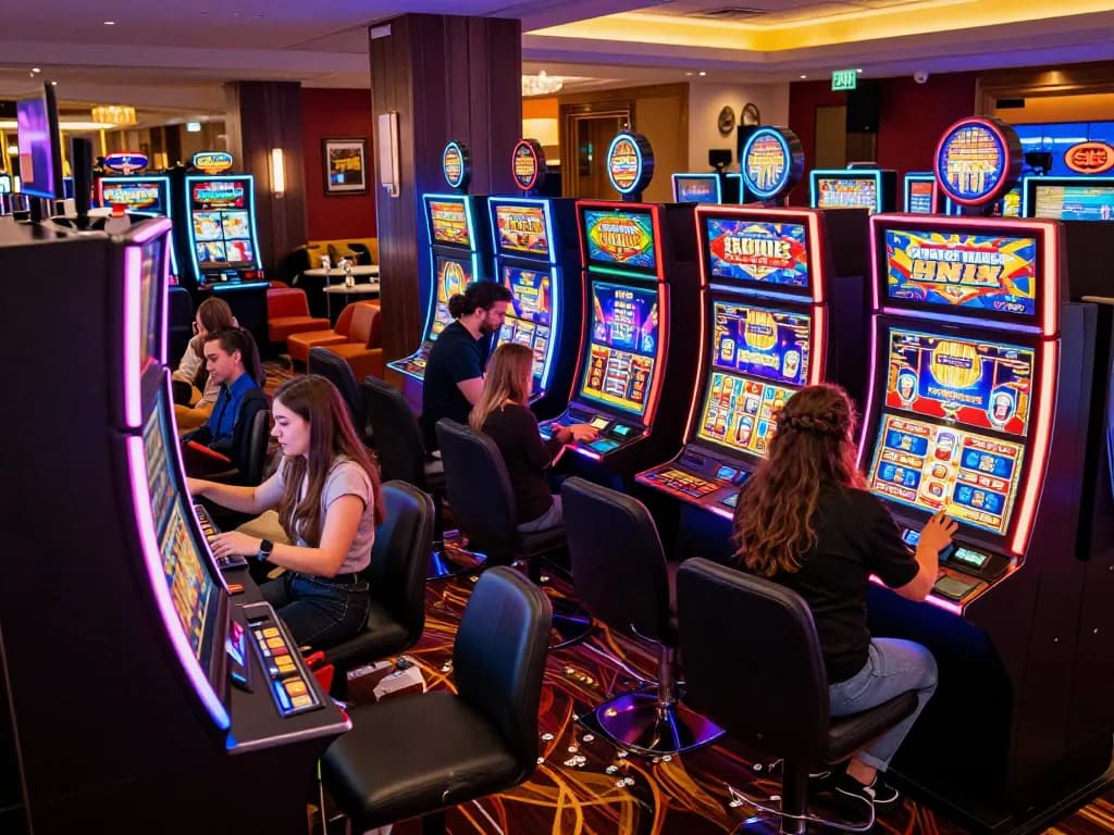 Pemain menikmati keseruan mesin link slot di suasana kasino yang penuh warna