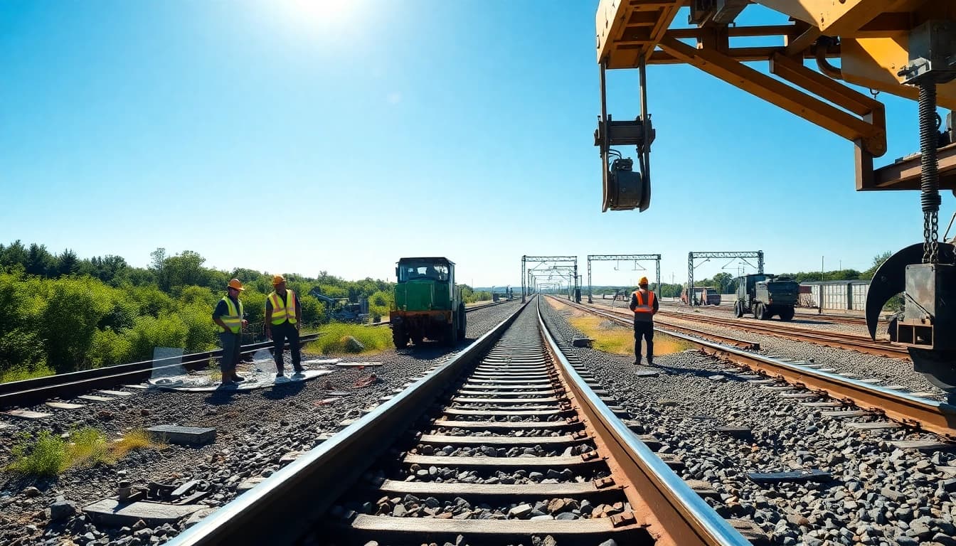 Workers inspect tracks at a railway site, representing north american rail solutions services.