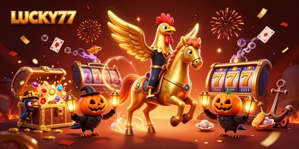 Join the excitement at LUCKY77 casinos with golden rooster characters and vibrant slot elements.