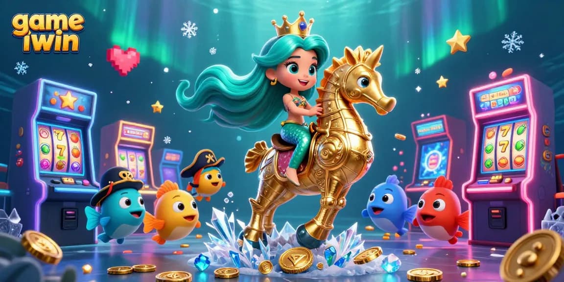 Engage with game iwin through a vibrant casino-themed underwater illustration featuring slot machines and lively characters.