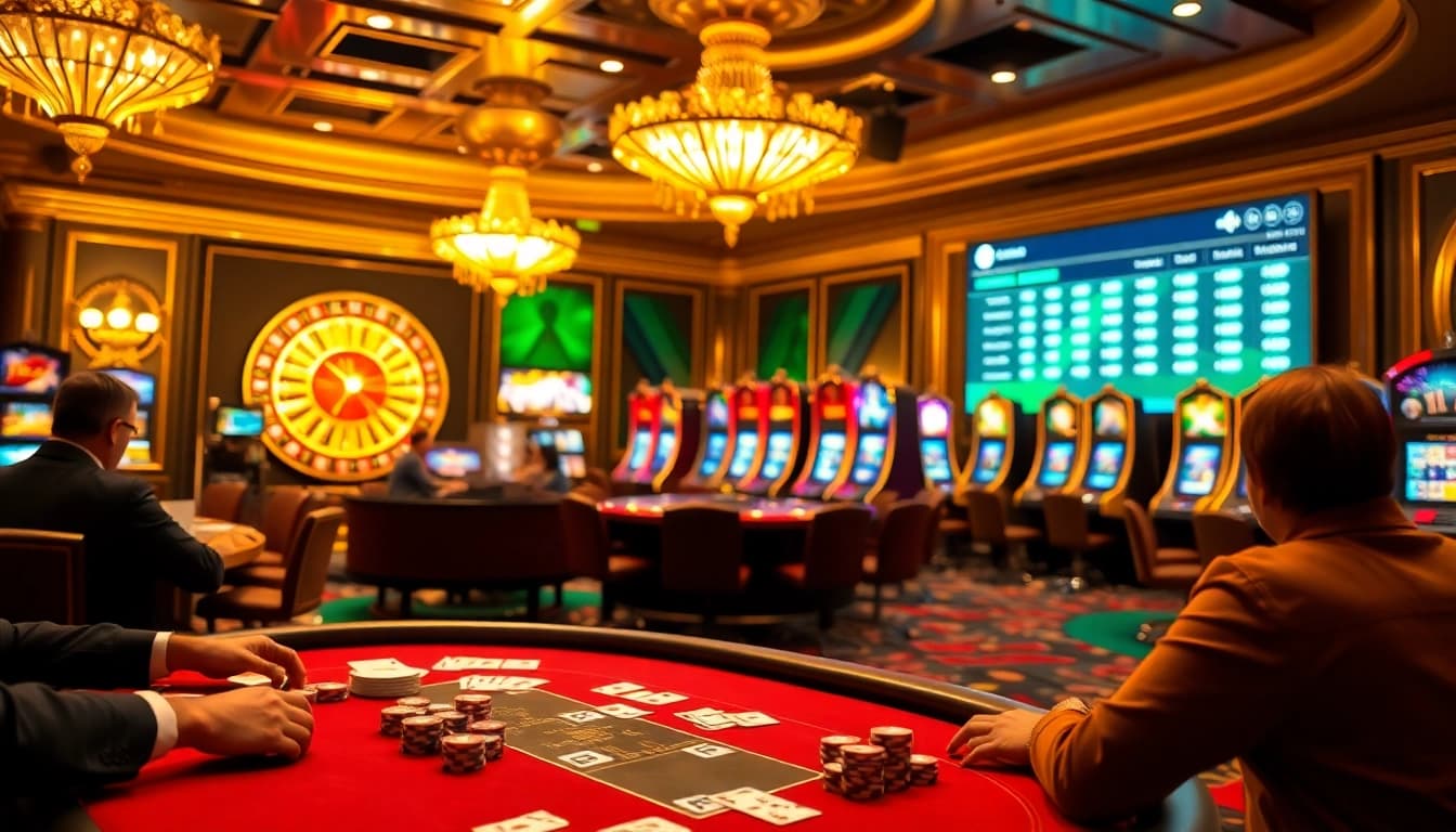 Scène captivante de casino en ligne argent réel France avec des joueurs de poker et des éléments de jeu vibrants.