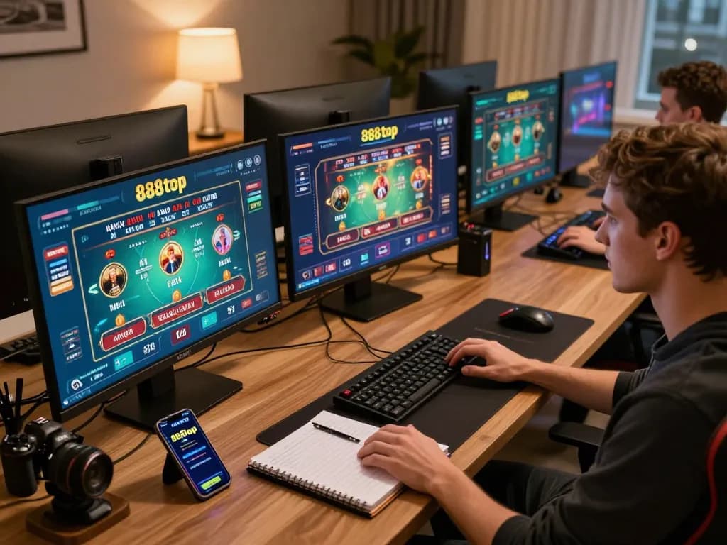 Engaging in online gaming with 888top app on multiple screens in a cozy home setup