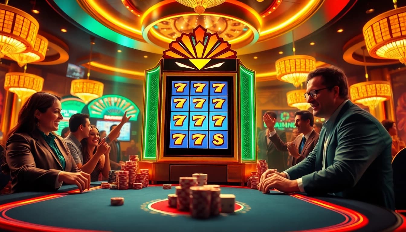 Players winning big at a pg slot machine in a luxurious casino setting.
