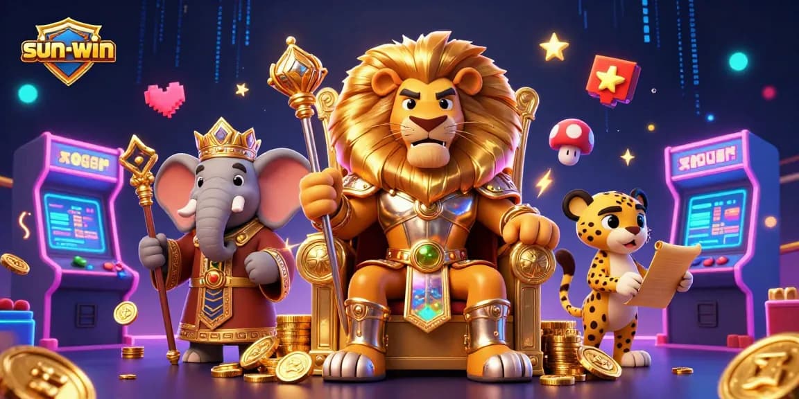 Experience sun-win with this vibrant scene showcasing a majestic lion king and casino games.