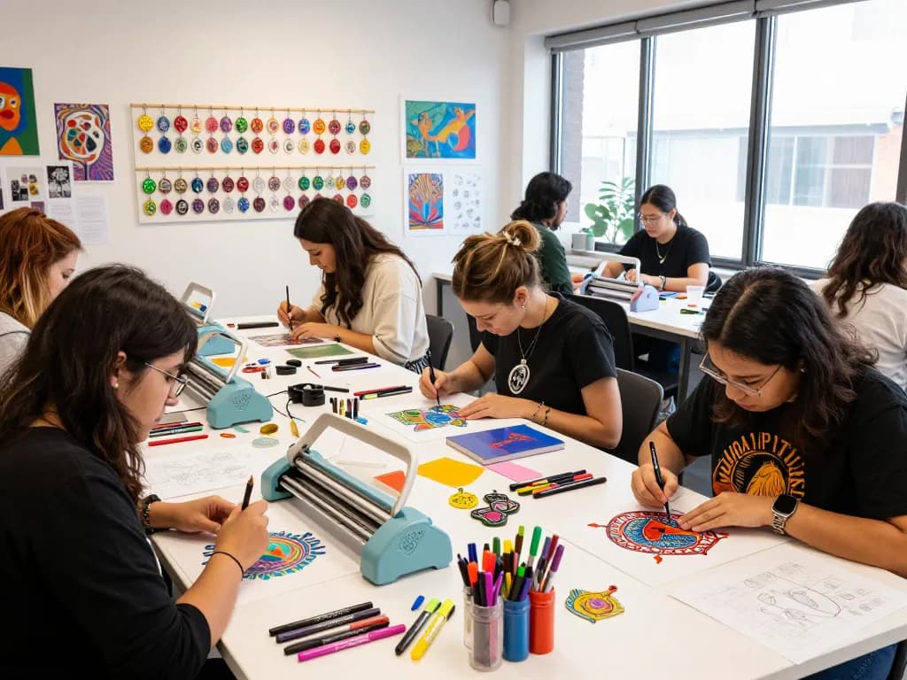 Artists designing custom acrylic charms in a lively workshop environment.