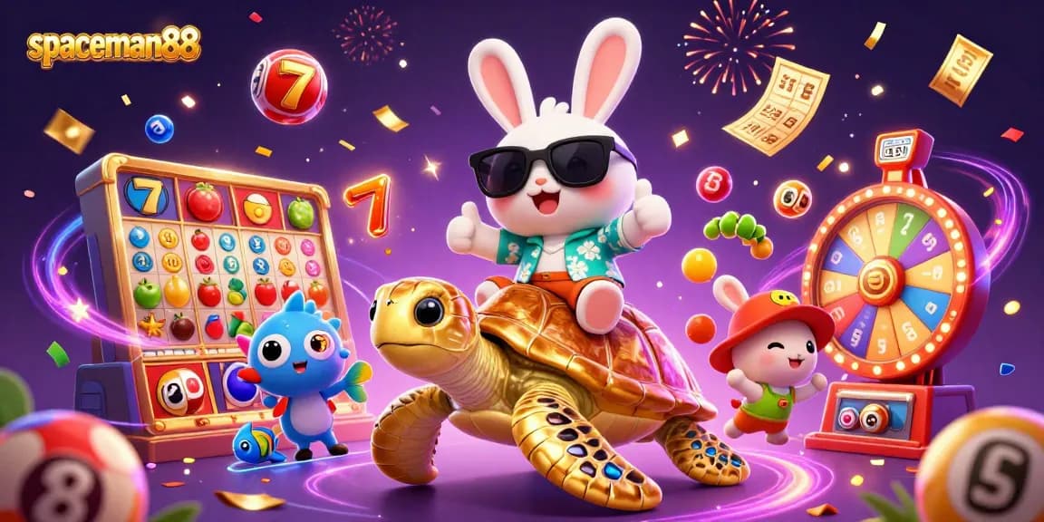 Play spaceman88 slots with engaging visuals featuring a lucky rabbit, sea turtle, and dynamic game elements.