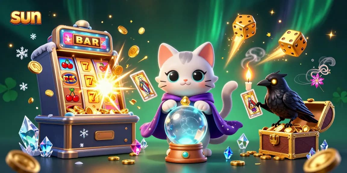 Experience the thrill of sun gambling with a mystic cat and jackpot bursting elements in this vibrant 3D illustration.