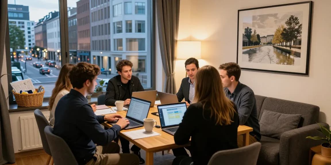 Moderne Monteurwohnung Hannover mit Geschäftsreisenden, die an einem Tisch besprechen