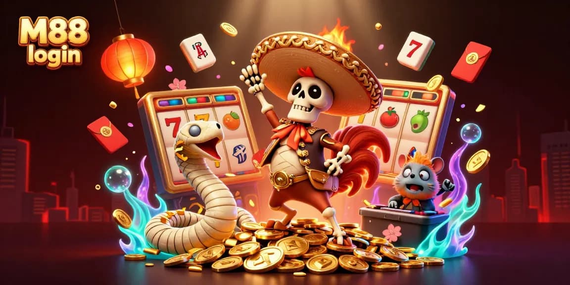 M88 login to experience thrilling wins with vibrant character scenes featuring dancing assets, slot visuals, and festive elements.