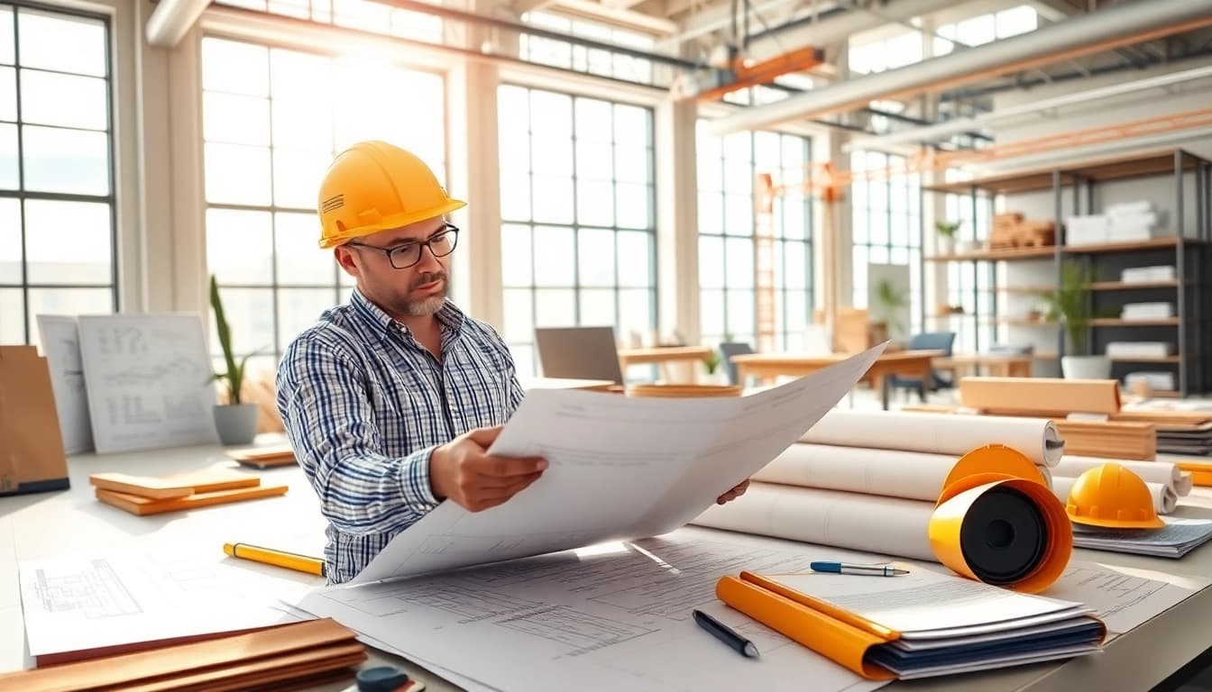 Construction developer analyzing project plans in a bright, modern office environment.