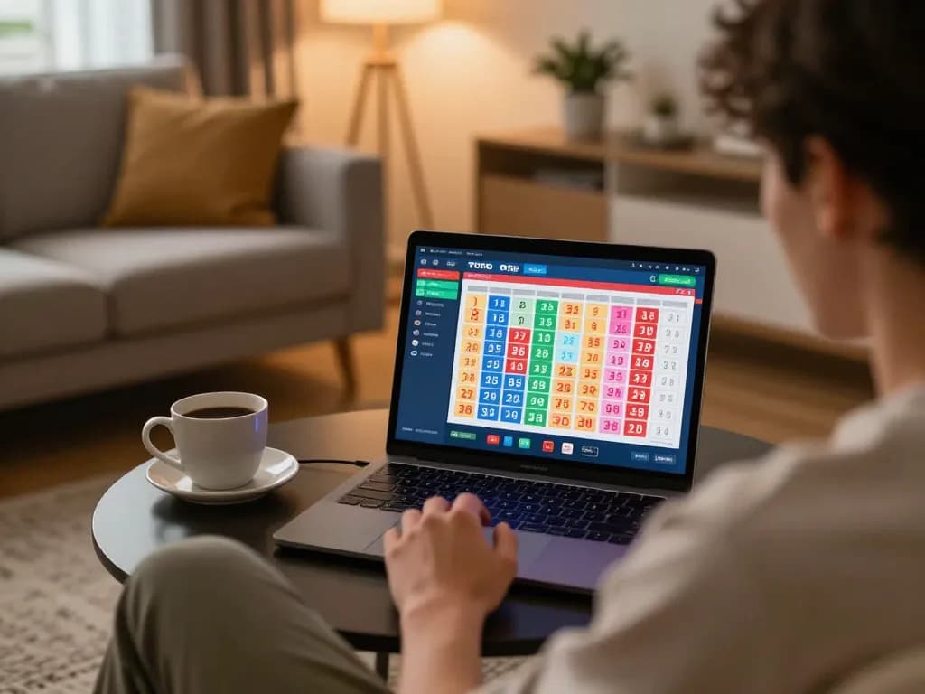 Terlibat dalam permainan toto togel di laptop dalam suasana rumah yang nyaman, menyoroti taruhan strategis.
