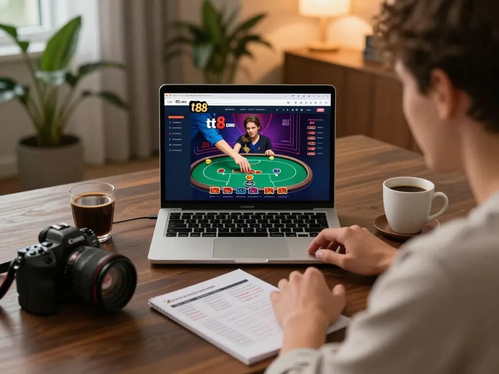 Engaging with tt88 com on a laptop, an online casino experience combined with a cozy home atmosphere.