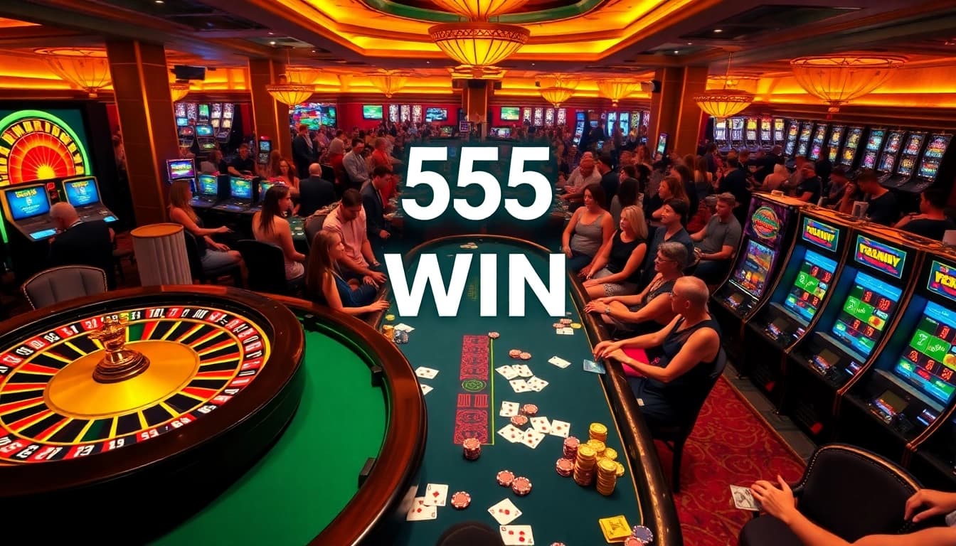 Experience a thrilling "555 win" moment at a luxurious casino with vibrant tables and exciting gameplay.