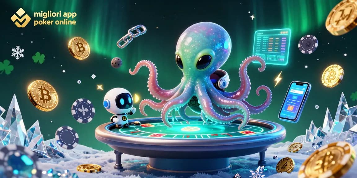 Evidenziando le migliori app poker online, un polpo alieno e un robot giocano a poker con chip galleggianti.