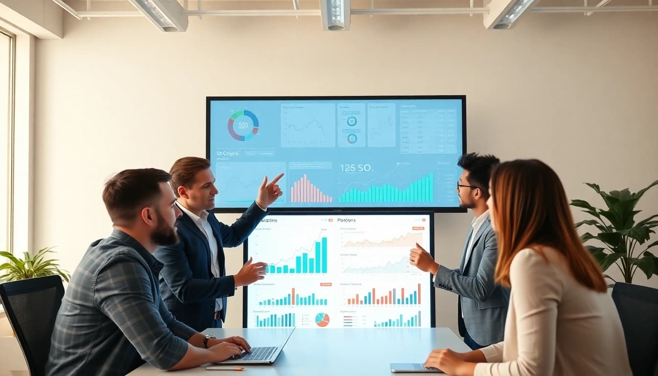 Boosting SEO performance through teamwork and data analysis in a vibrant office setting.