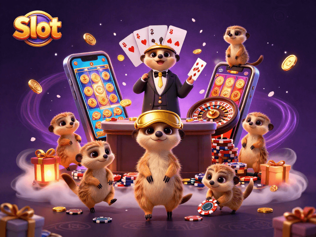 Engage in thrilling Slot games with cartoon meerkats running a lively casino operation.
