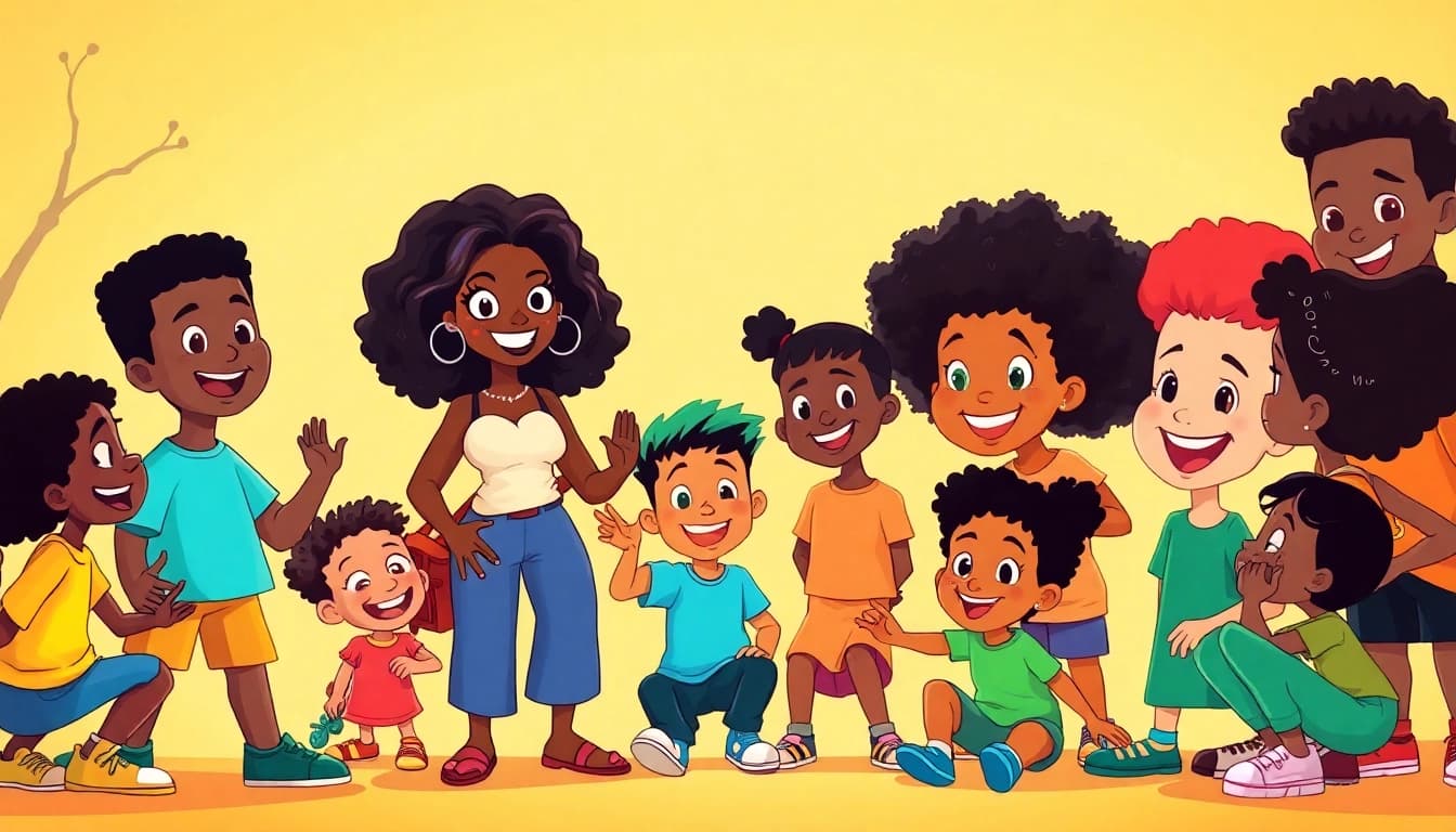 Vibrant scene featuring African American cartoons with diverse characters engaging joyfully in a colorful animated world.
