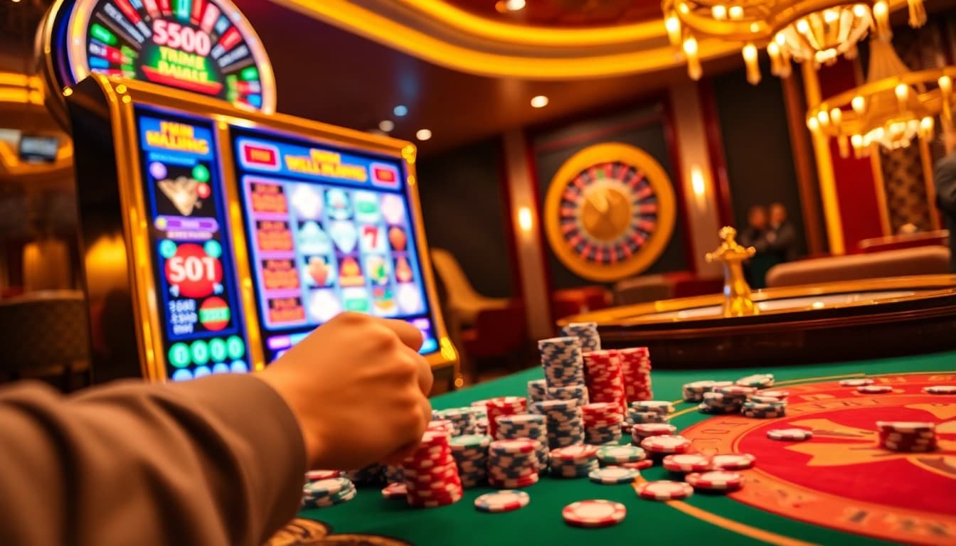 Permainan seru pada mesin slot demo Mahjong di lingkungan kasino mewah.