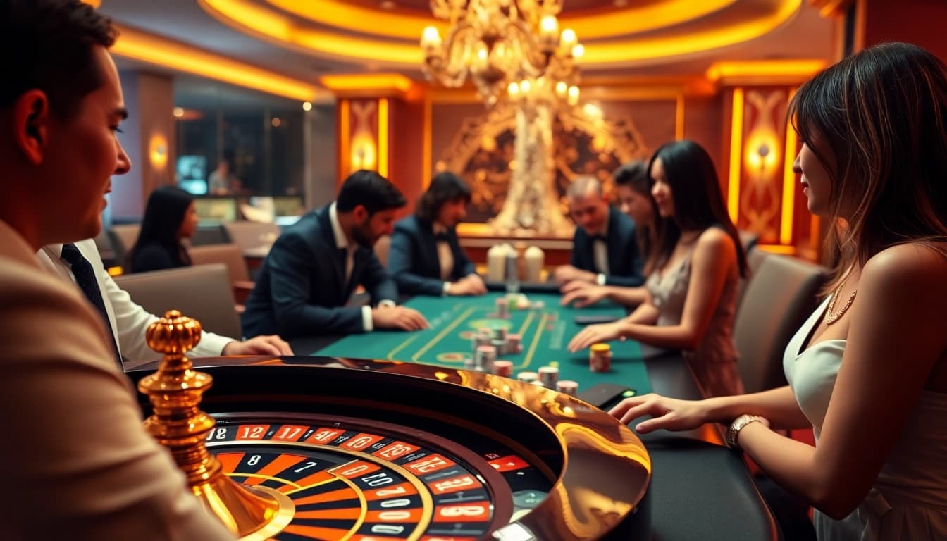 Scène captivante d'un site de casino en ligne avec action à la roulette et au poker, mettant en avant l'excitation et le luxe.