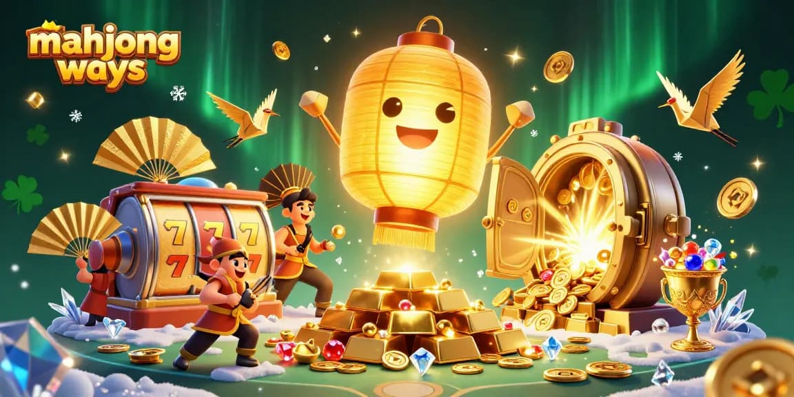 Experience mahjong ways excitement with a glowing lantern spirit and treasure in this dynamic casino illustration.