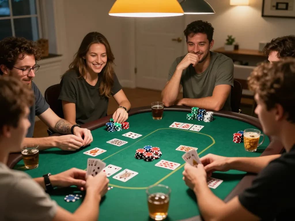 Players enjoying a poker night using the tor browser hidden wiki for strategies and card games, with friendly competition atmosphere.