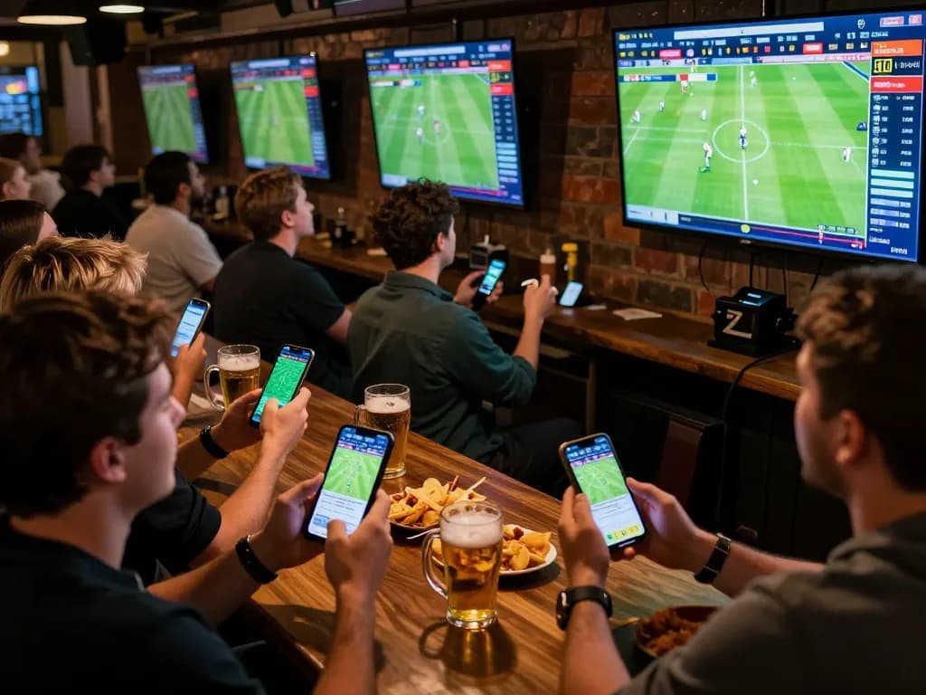 Fans engaging in real-time sports betting and checking live 7m odds at a lively venue