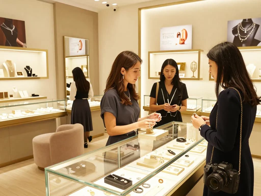 Customer admiring elegant jewelry, look at these guys highlighting the luxury retail experience.