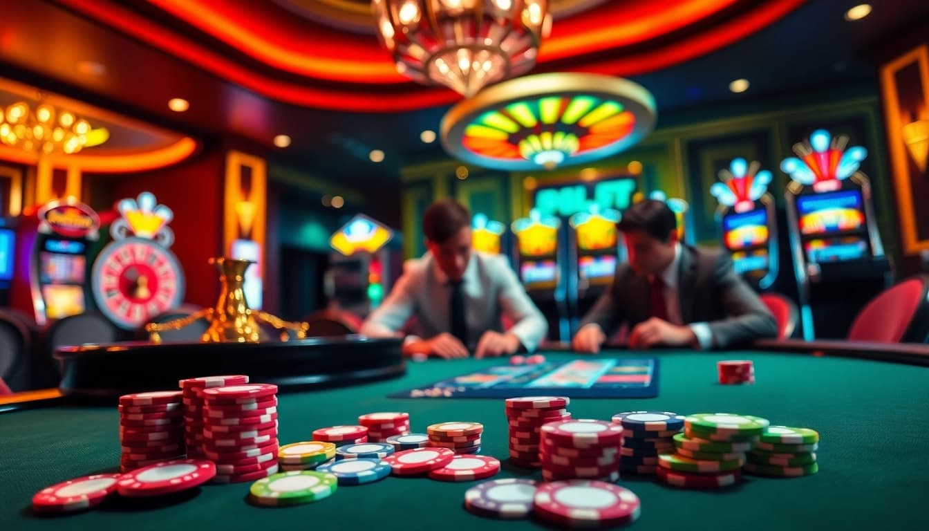 Découvrez l'excitation du casino en ligne fiable avec une scène vibrante de table de poker et de roulette.