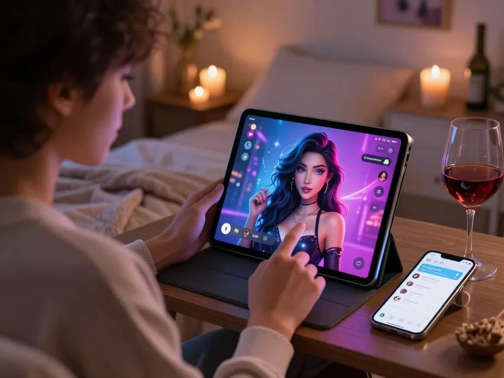Engaging with an AI chat porn character on a tablet in a cozy bedroom.