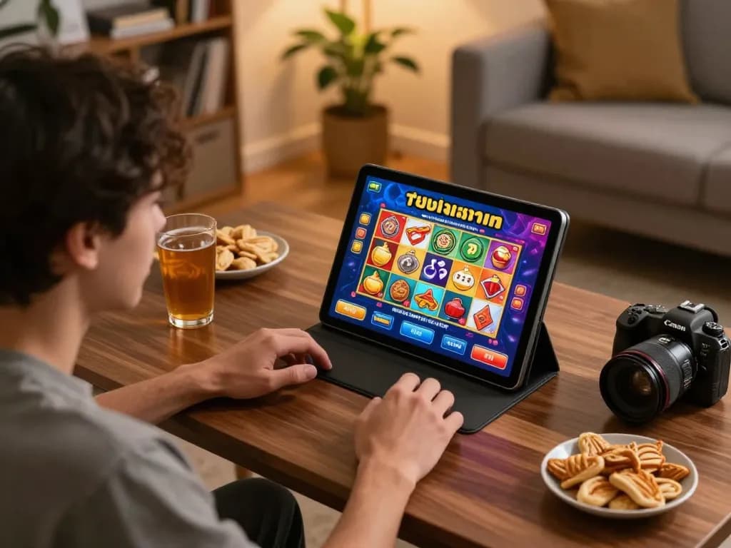 Engaging with สล็อตทดลอง games on a tablet during a cozy home gaming session