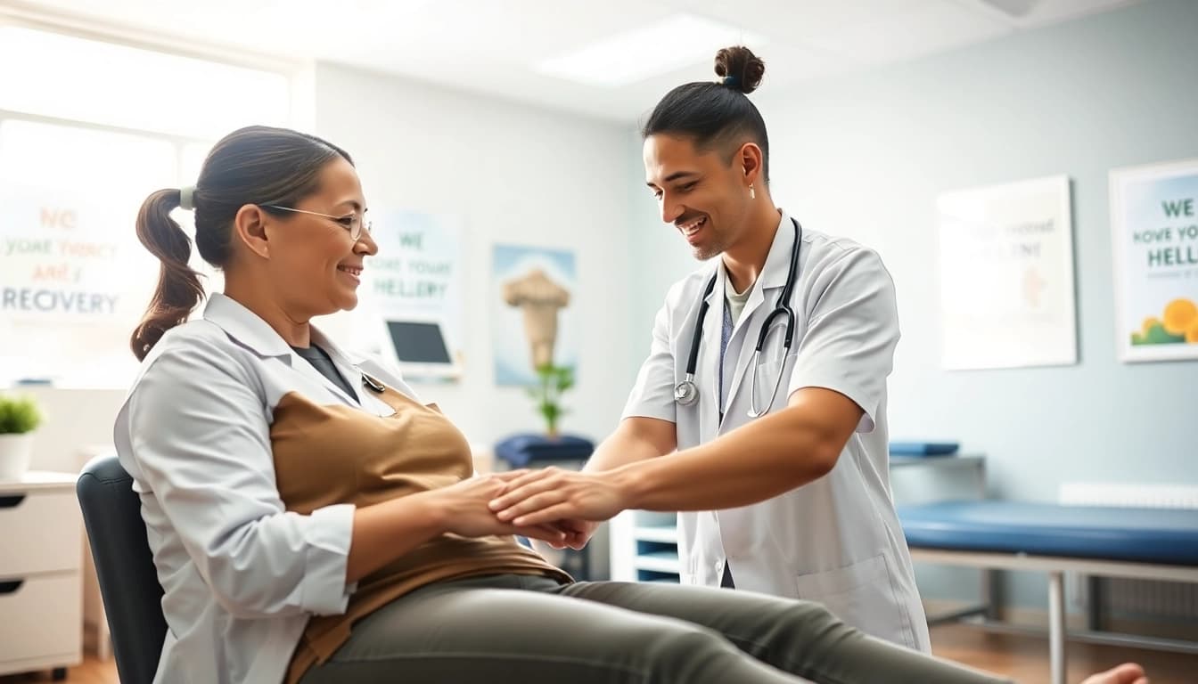 Engaging physiotherapy near me session in a bright clinic environment, showcasing therapist and patient interaction.