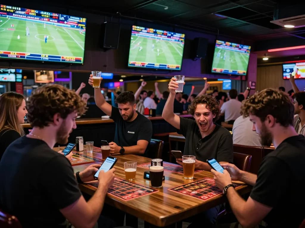 Engaged sports bettors checking odds on smartphones at 7m sports bar, lively atmosphere with screens showing games.