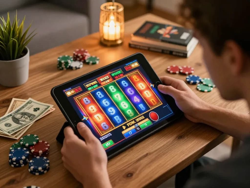 Player engaging in slot gacor pagi ini online gaming from home with a tablet, surrounded by cash and chips.