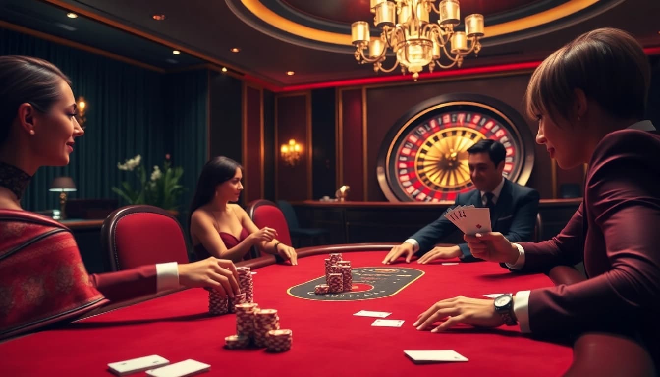 Une scène de poker palpitante mettant en avant le casino en ligne argent réel France avec un décor luxueux et des joueurs avides.