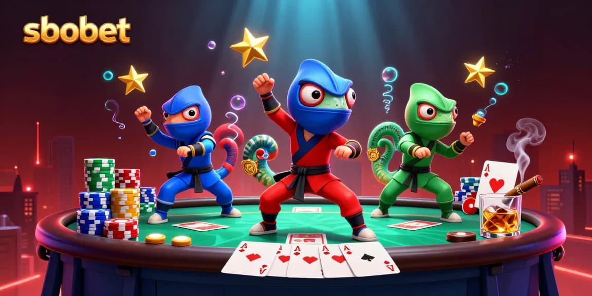 Engaging sbobet action with cartoon ninja chameleons on a rooftop surrounded by poker elements.