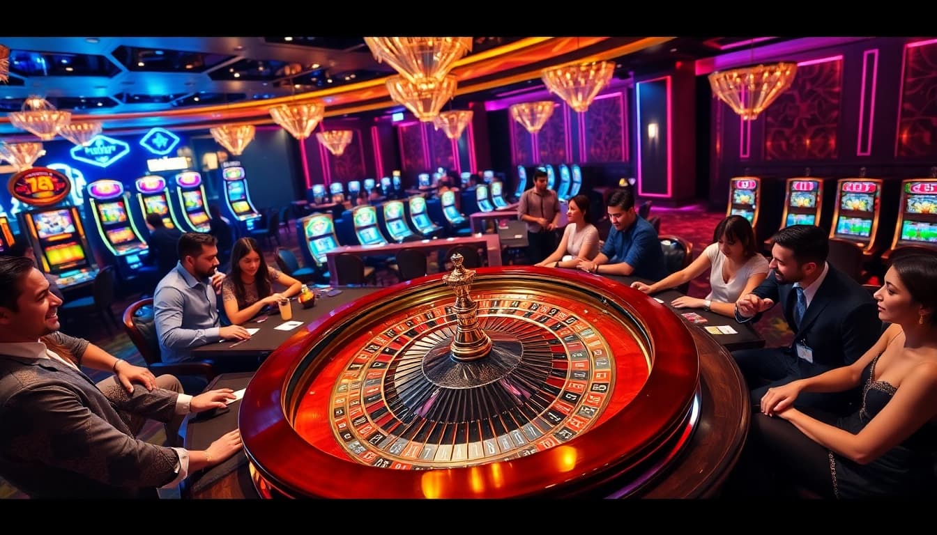 Experience excitement at Thabet77 with players engaged at luxurious casino tables and vibrant slot machines.