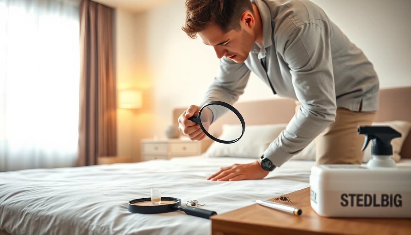 Efficient bed bug exterminator inspecting a bedroom for signs of infestation.