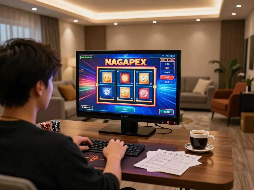 Engaging in nagapoker slot on a modern gaming setup, showcasing vibrant game graphics in a cozy atmosphere.
